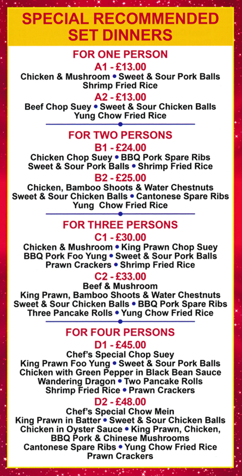 Takeaway and delivery menu for Orient Chef on Carlton Hill in Nottingham NG4 1JA - Special Recommended Set Dinners.