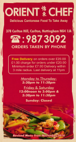 Menu for Orient Chef Chinese and Cantonese food takeaway on Carlton Hill in Carlton, Nottingham NG4 1JA