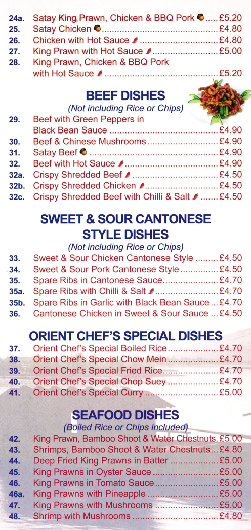 Menu for Orient Chef (Satay Beef, Sweet & Sour Pork Cantonese Style, Orient Chef's Special Chow Mein, Crispy Shredded Beef with Chilli & Salt..)