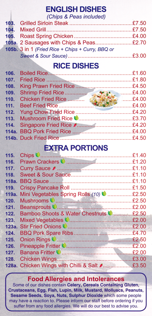Menu for Orient Chef Chinese food takeaway in Carlton, Nottingham