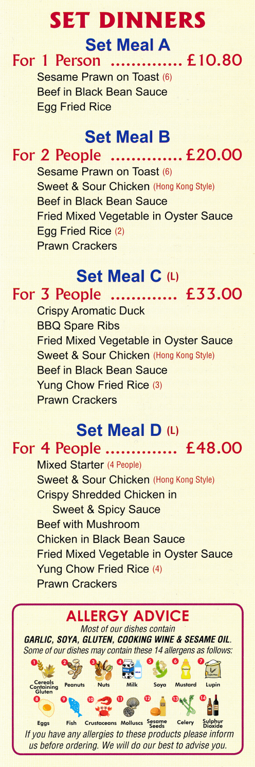 Oriental in Alfrerton takeaway menu - Set Dinners