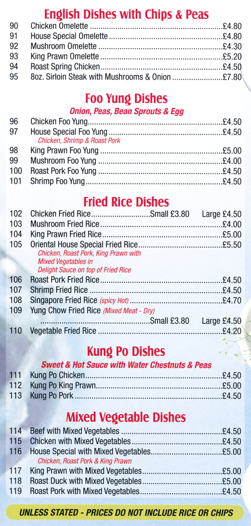 Menu for Oriental House Chinese takeaway in Netherfield near Nottingham