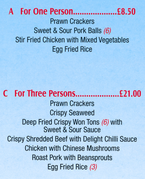 Menu for Oriental House Chinese takeaway in Netherfield near Nottingham