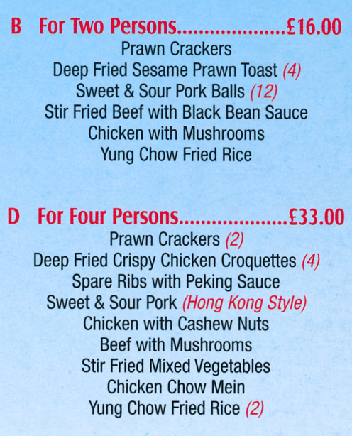 Menu for Oriental House Chinese takeaway in Netherfield near Nottingham
