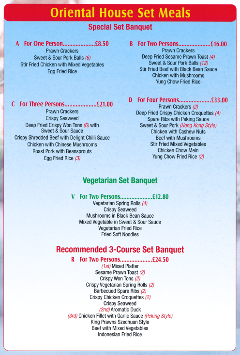 Menu for Oriental House Chinese food takeaway in Netherfield near Nottingham