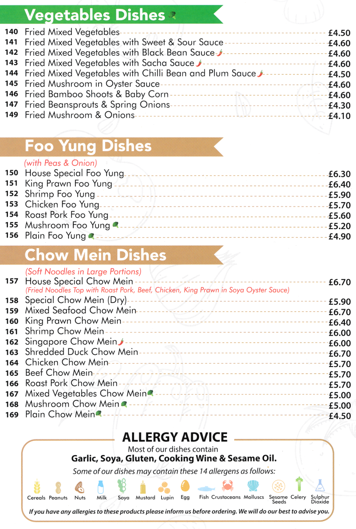 Menu for Oriental Wok - Dishes include; Mushroom Foo Yung, Beef Chow Mein, Shredded Duck Chow Mein, King Prawn Foo Yung..