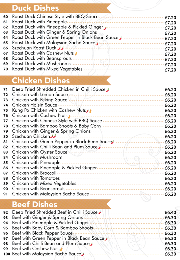 Menu for Oriental Wok in Ripley - Szechuan Chicken, Roast Duck Chinese Style with BBQ Sauce, Beef with Cashew Nuts..