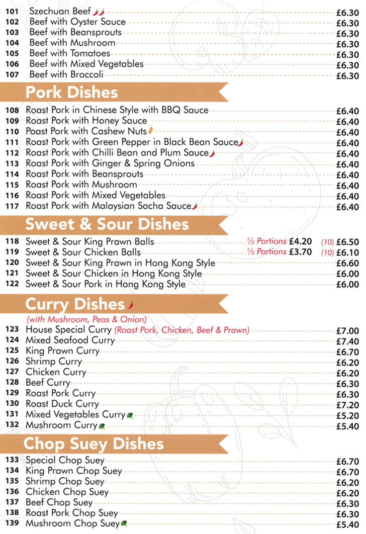 Menu for Oriental Wok in Ripley - Beef Curry, Chicken Chop Suey, Sweet and Sour Chicken Balls, Sweet and Sour Pork in Hong King Style, Special Chop Suey, Chicken Curry..