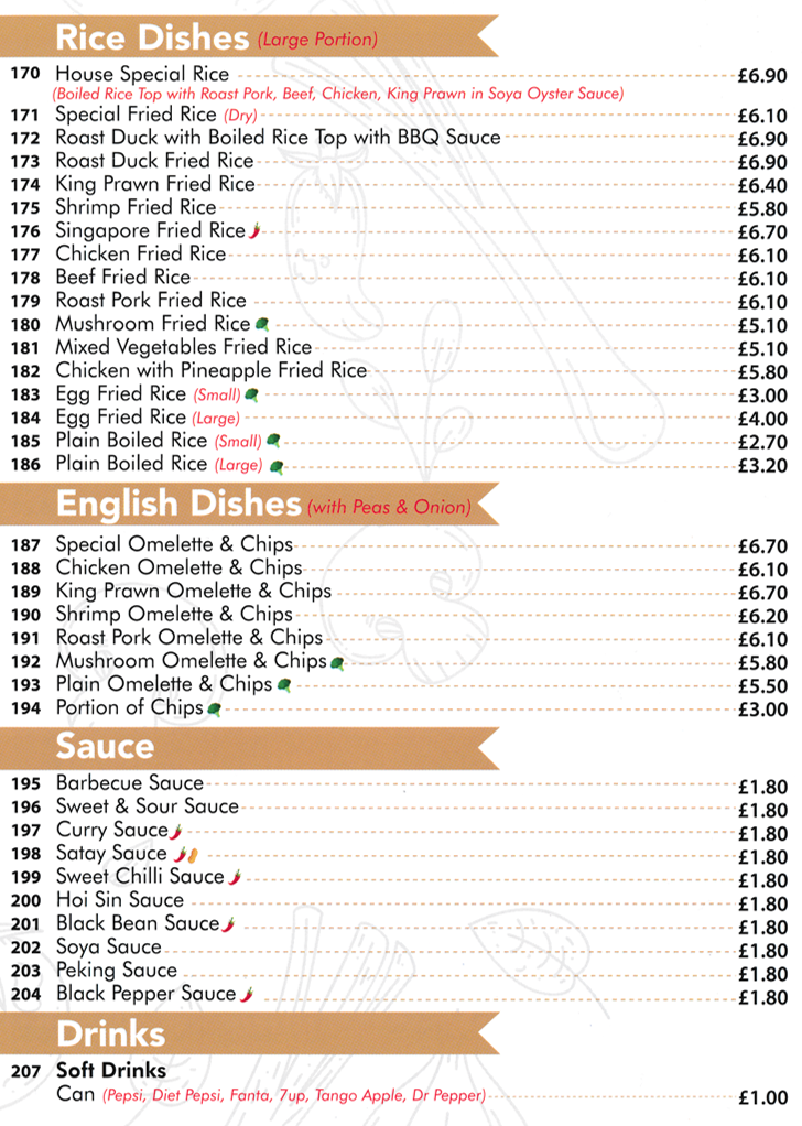 Menu for Oriental Wok - Dishes include; Singapaore Fried Rice, Egg Fried Rice, Chicken Omelette and Chips, Roast Duck Fried Rice..