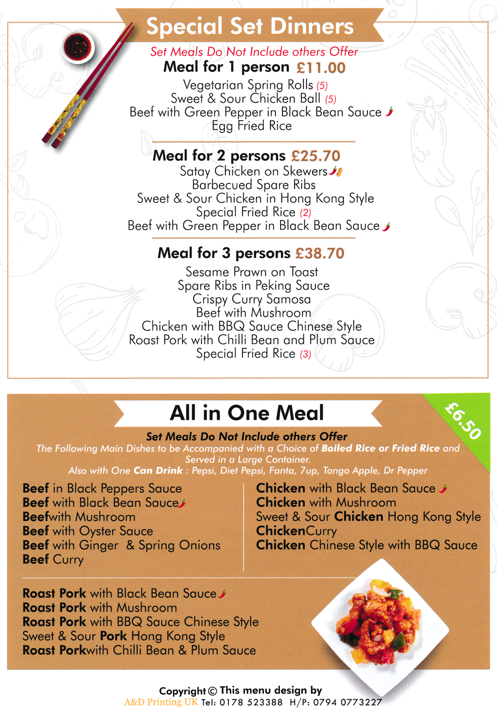 Menu for Oriental Wok Chinese takeaway on Chapel Street in Ripley, Derbyshire DE5 3DL