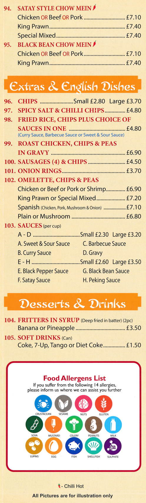 Menu for Peking House Chinese takeaway - dishes include; English Dishes, Desserts, Extras..