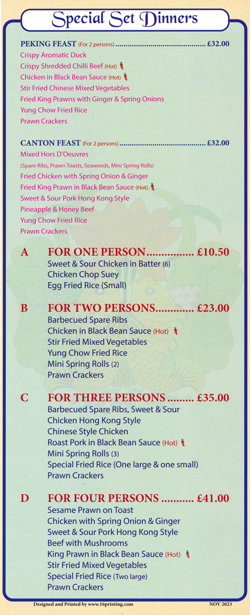 Menu for Peking House Chinese takeaway in Long Eaton - Special Set Dinners
