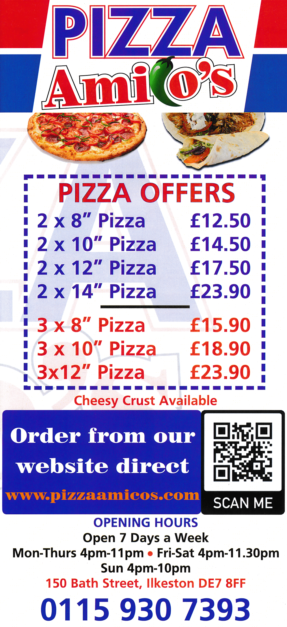 Menu for Pizza Amico's takeaway on Bath Street in Ilkeston, Derbyshire DE7 8FF
