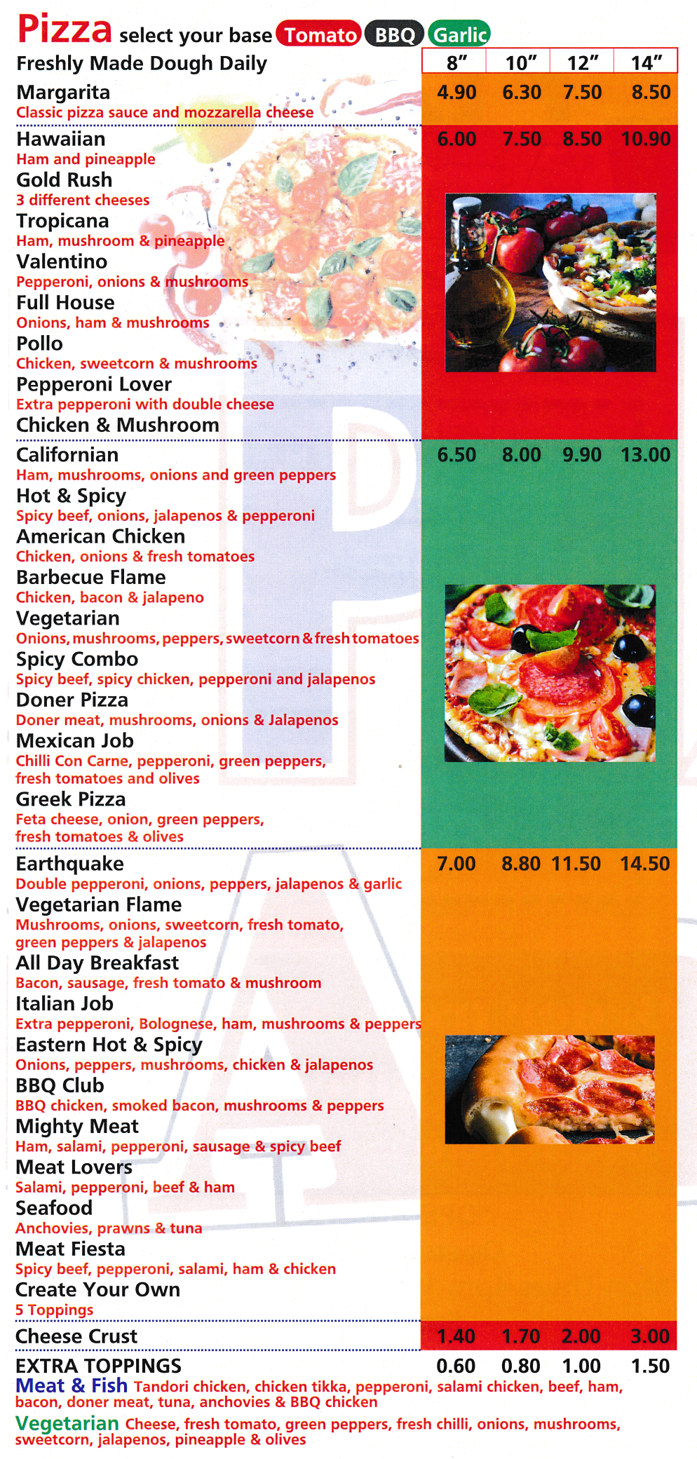 Menu for Pizza Amico's - Pizzas inlcluding Gold Rush, Tropicana, Full House, Pollo, Barbeque Flame, Spicy Combo, Doner Pizza, Mexican Job, Hot & Spicy, Mighty Meat..