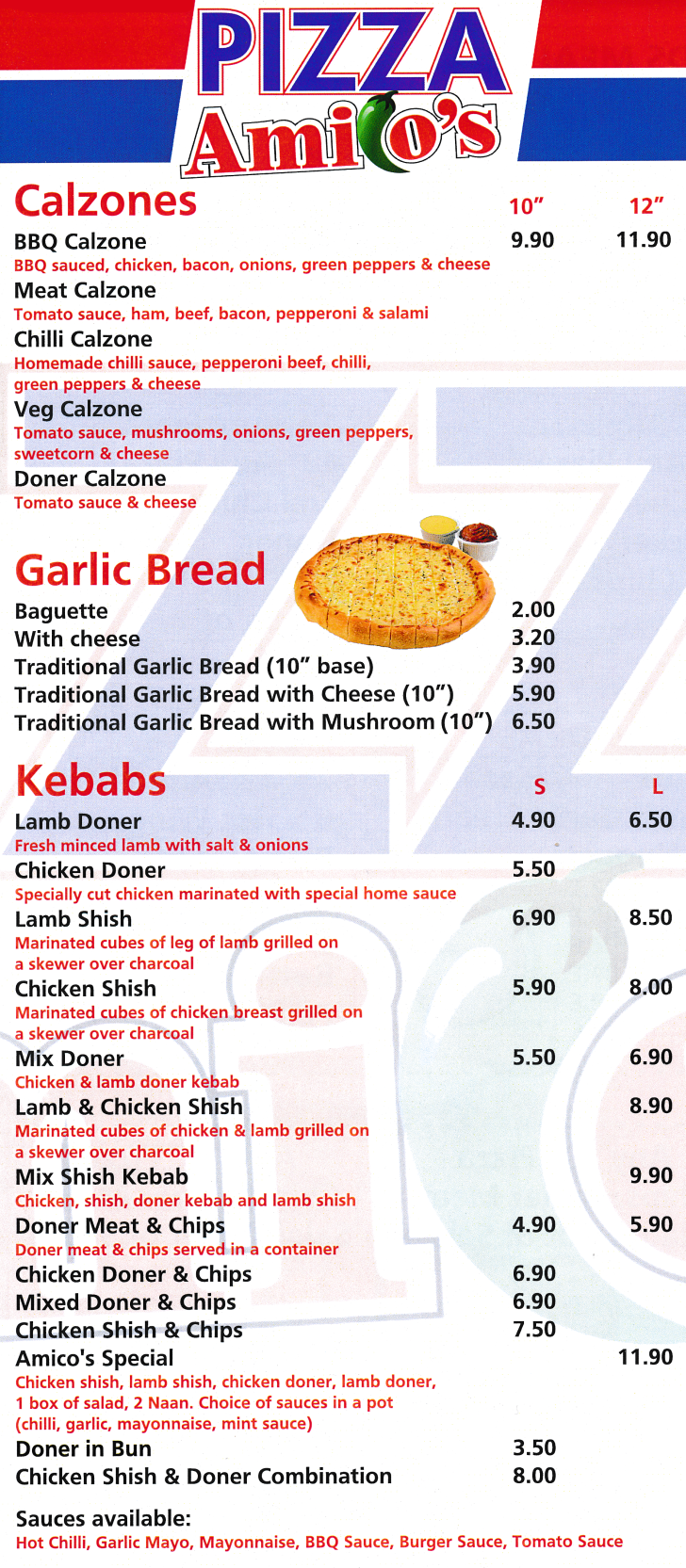Menu for Pizza Amico's - Kebabs, Calzones, Garlic Breads..
