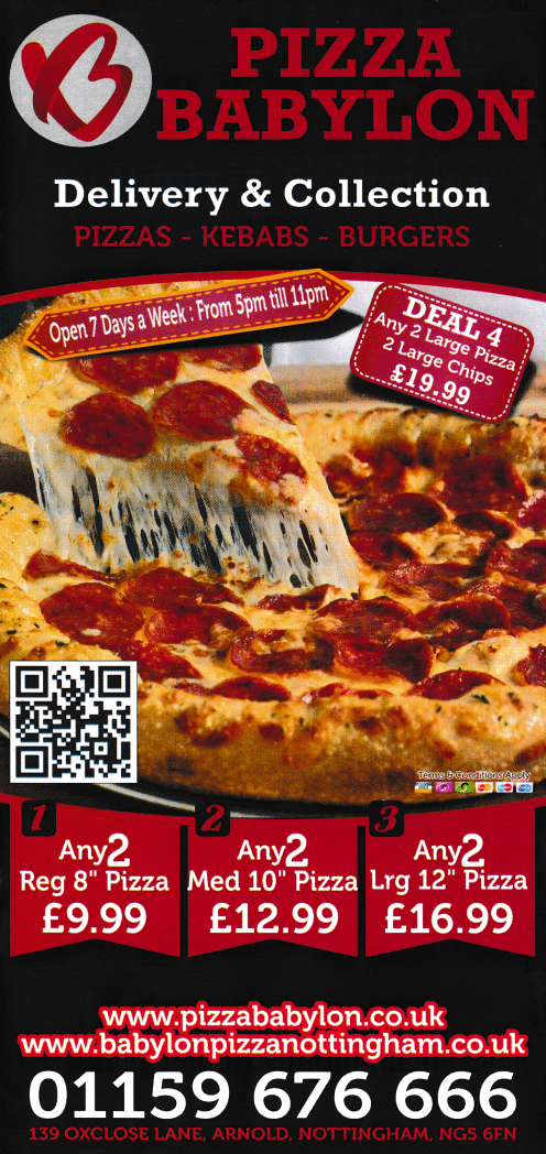 Menu for Pizza Babylon on Oxclose Lane in Arnold, Nottingham NG5 6FN