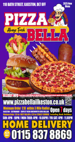 Scroll down for the full menu.. Takeaway and delivery menu for Pizza Bella on Bath Street in Ilkeston