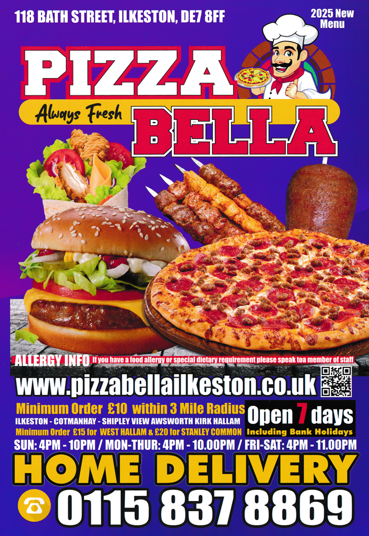 Menu for Pizza Bella kebab, pizza and fast food takeaway on Bath Street in Ilkeston, Derbyshire DE7 8FF