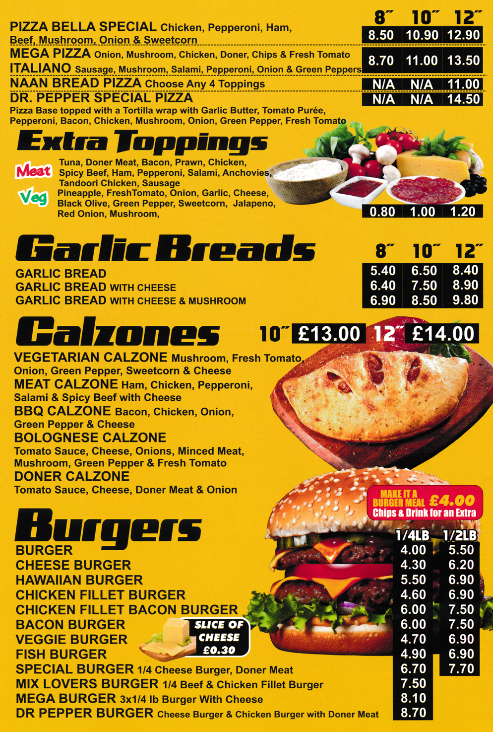 Menu for Pizza Bella Menu for Pizza Bella - Calzones, Garlic Breads, Burgers, Pizzas..