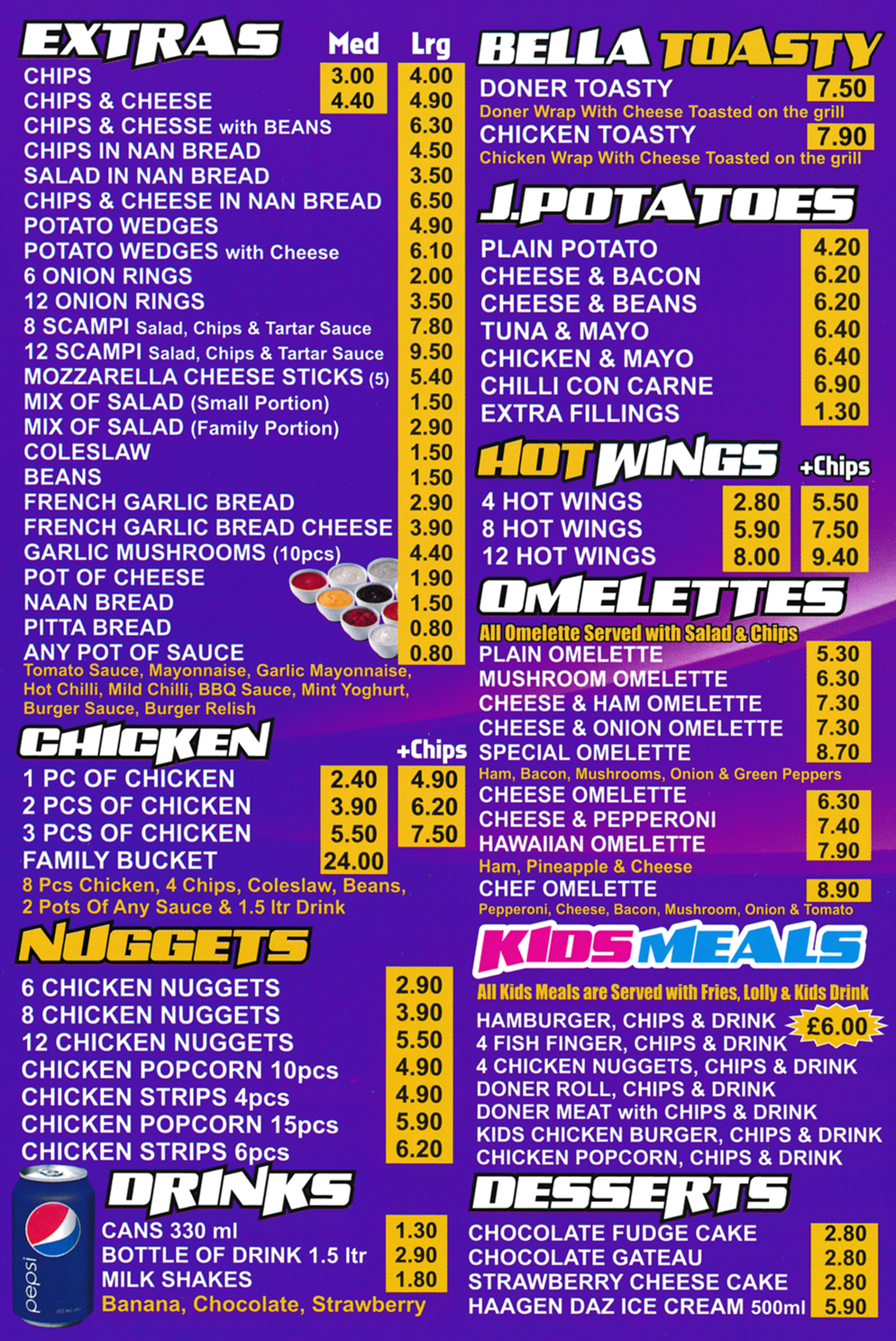 Menu for Pizza Bella Menu for Pizza Bella - Wings, Jacket Potatoes, Chicken, Nuggets, Kids Meals, Omelettes..