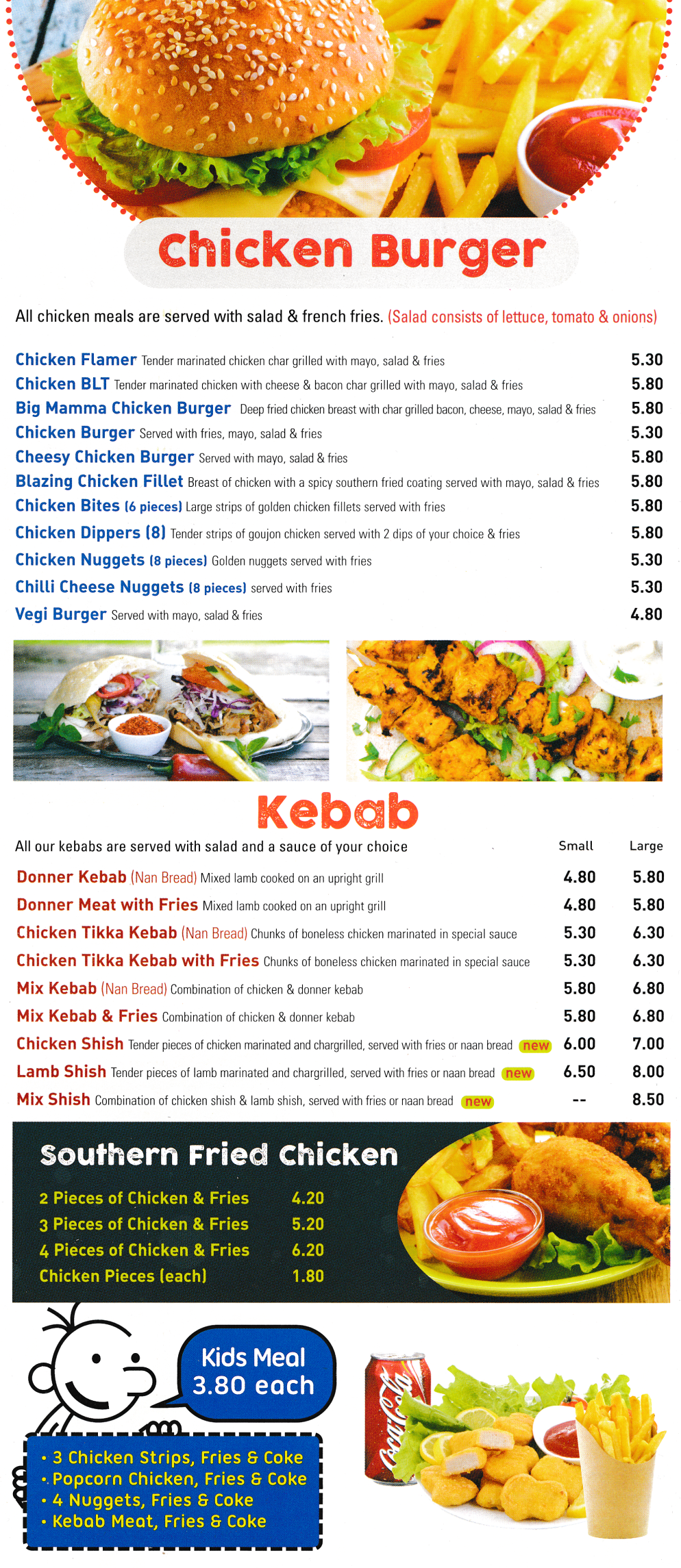 Menu for Pizza Pasta - Chicken Burgers, Southern Fried Chicken, Kebabs, Kids Meals..
