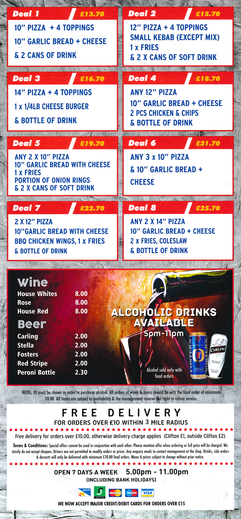 Menu for Pizza Pasta - Meal Deals, Wine & Beer - Order your favourite pizza, kebab or burger for delivery in Clifton tonight!