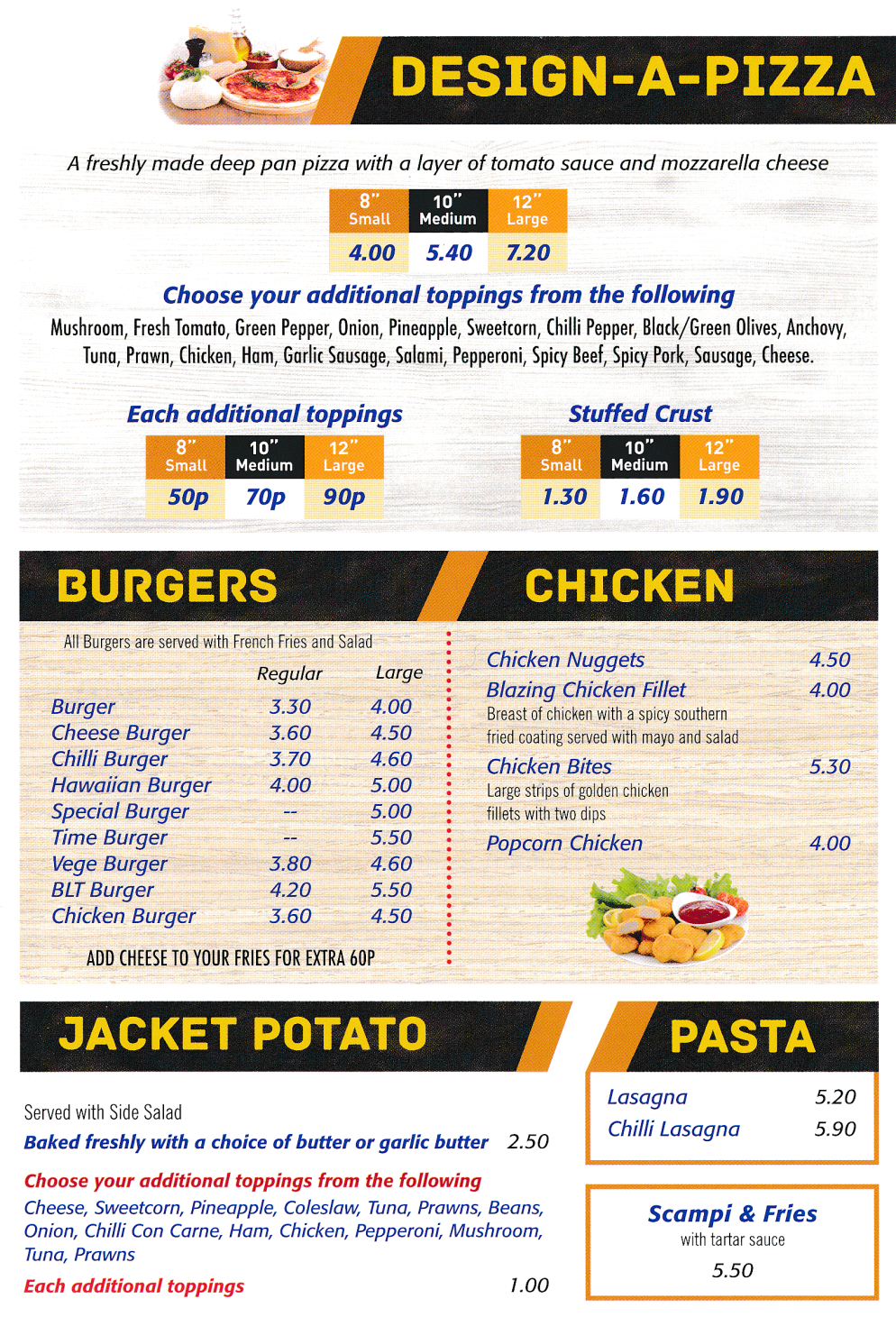 Takeaway and delivery menu for Pizza Time in Radcliffe-On-Trent - Pizzas, Burgers, Chicken, Pasta, Jacket Potatoes, Garlic Bread..