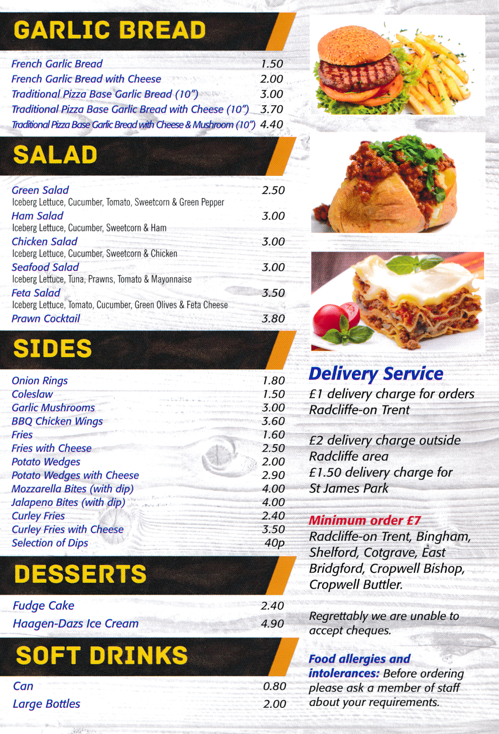 Takeaway and delivery menu for Pizza Time in Radcliffe-On-Trent (pizzas, pastas, burgers, sides and salads)