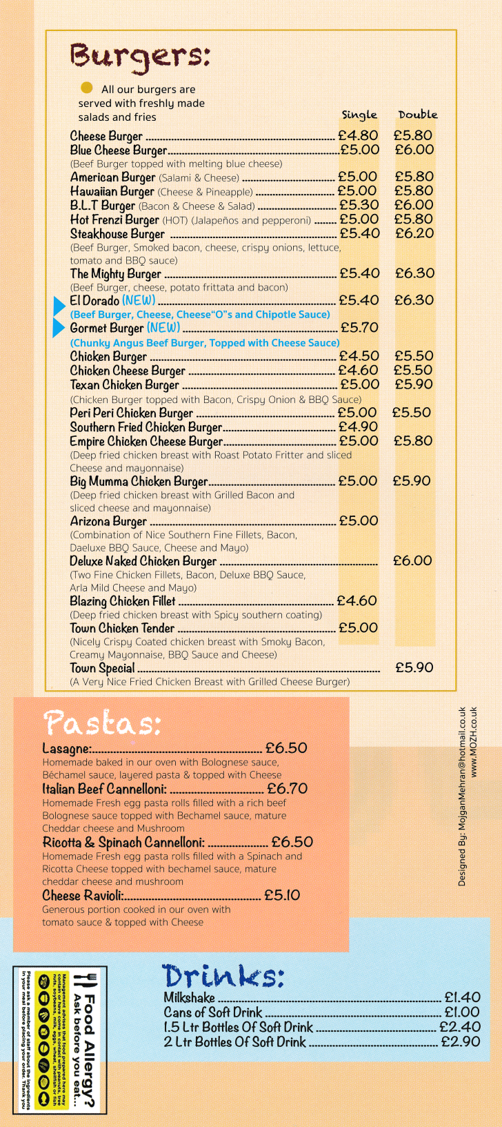 Menu for Pizza Town - Cheese Burger, Hot Frenzi Burger, Big Mumma Chicken Burger, Town Chicken Tender, Peri Peri Chicken Burger, Steakhouse Burger..