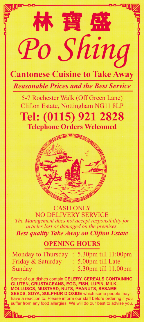Menu for Po Shing Cantonese and Chinese food takeaway on Rochester Walk in Clifton, Nottingham NG11 8LP