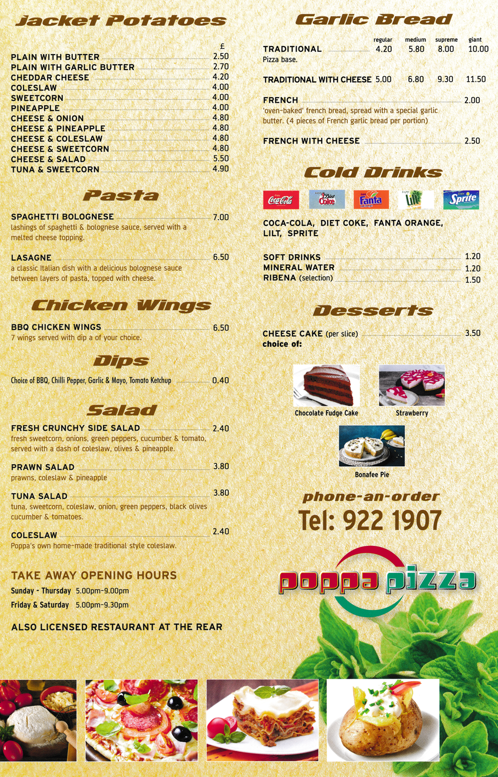 Menu for Poppa Pizza in Beeston - Pasta, Chicken Wings, Jacket Potatoes, Salads, Dips, Garlic Breads, Desserts..
