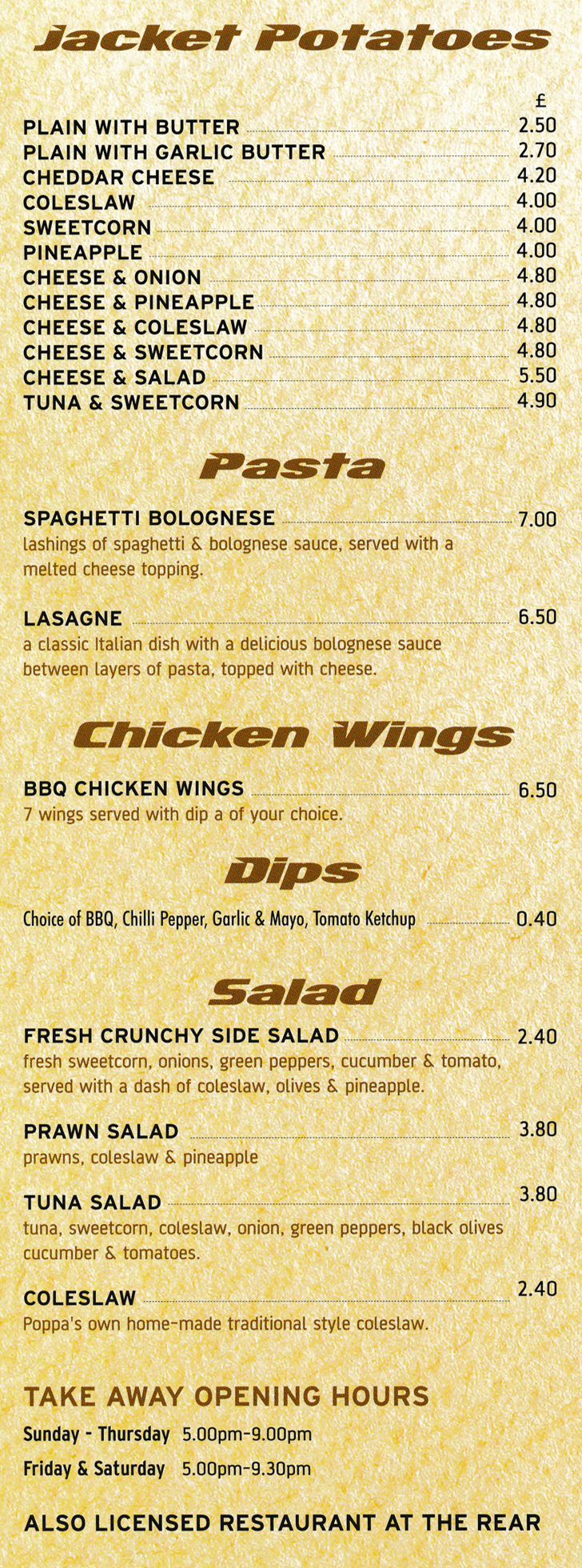 Menu for Poppa Pizza in Beeston - Pasta, Chicken Wings, Jacket Potatoes, Salads, Dips..