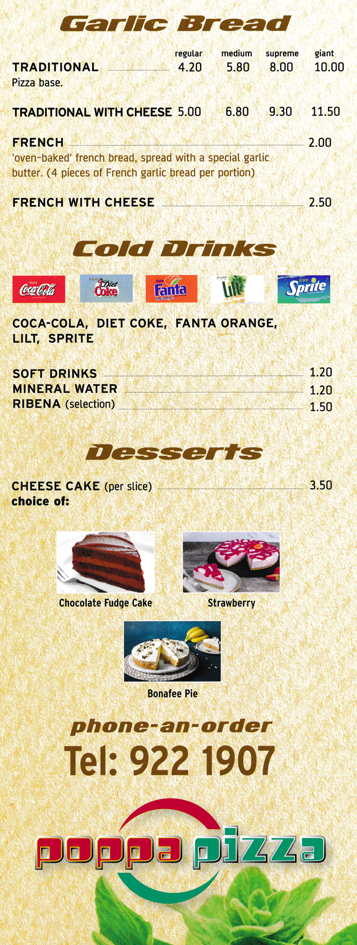 Menu for Poppa Pizza on High Road in Beeston, Nottingham NG9 2LN - Garlic Breads, Desserts..