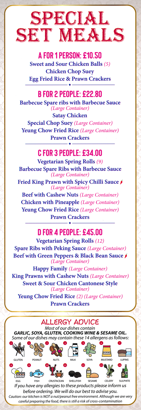 Menu for Power Dragon Chinese takeaway in Sawley near Long Eaton, Nottingham - Special Set Meals.