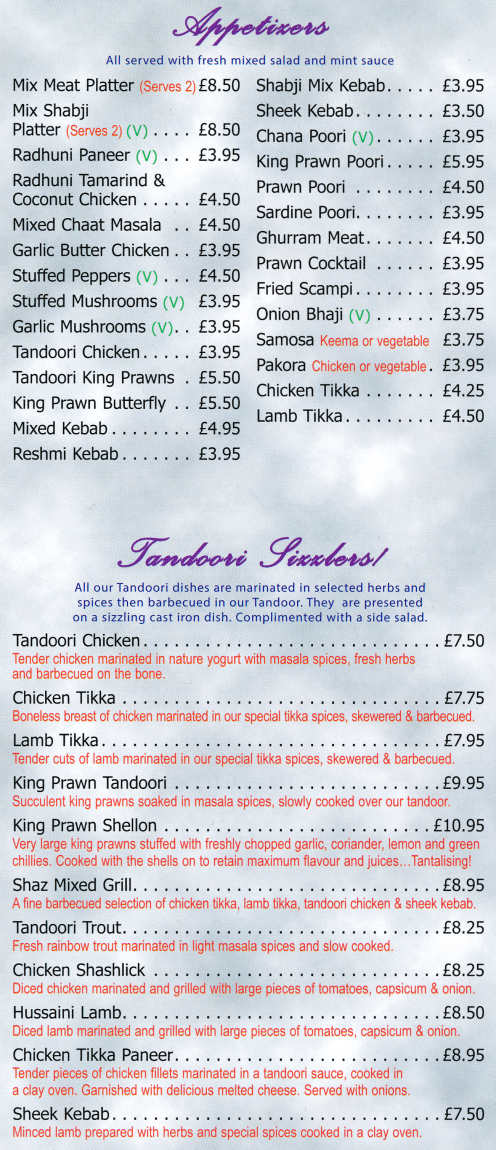 Takeaway menu for Radhuni Indian restaurant on Bath Street in Ilkeston, Derbyshire DE7 8AS