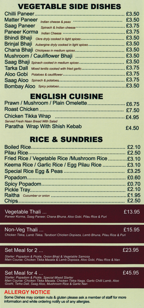 Takeaway menu for Raheem Indian restaurant at The Dales Shopping Centre, West Hallam, Derbyshire DE7 6JA