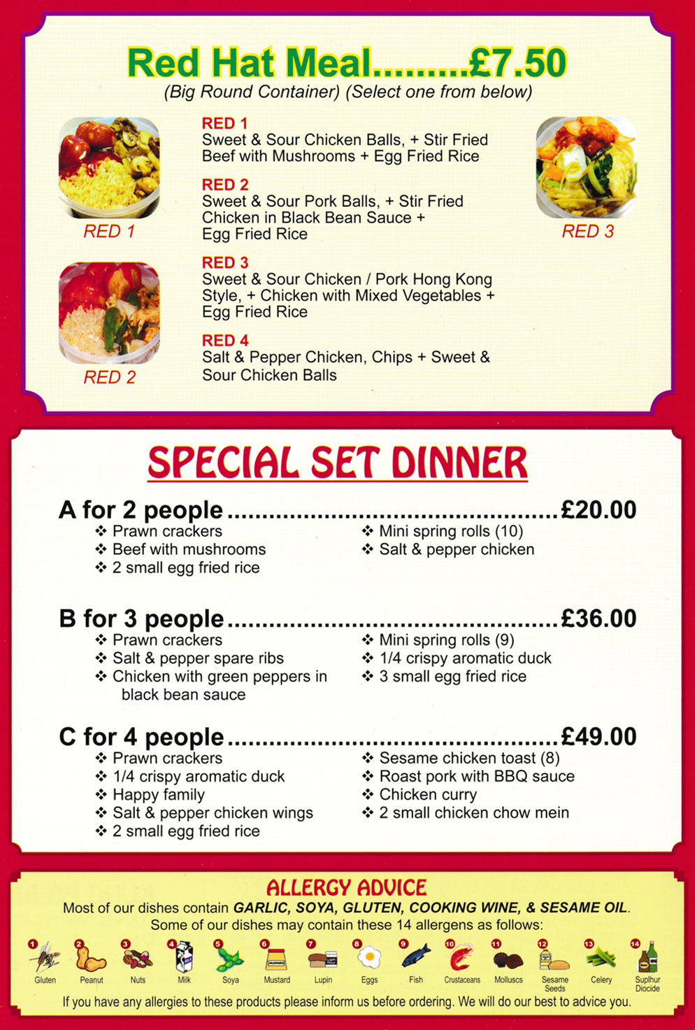 Menu for Red Hat Chinese food takeaway and delivery in Nottingham - Special Set Dinner, Red Hat Meal Deals