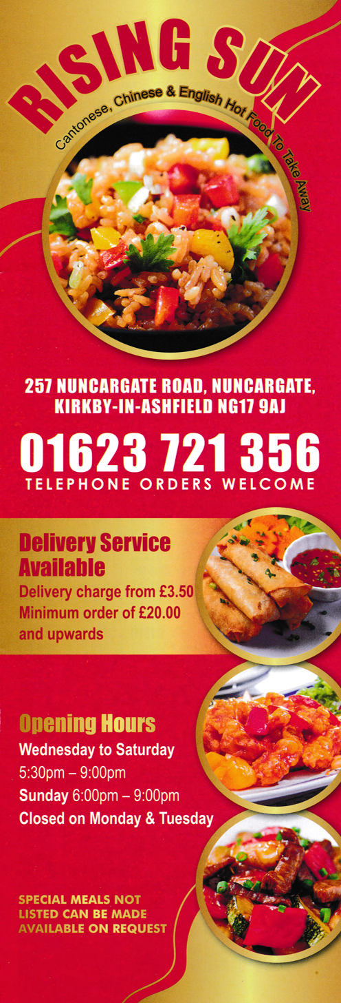 Menu for Rising Sun Chinese and Cantonese food takeaway in Nuncargate near Kirkby-In-Ashfield