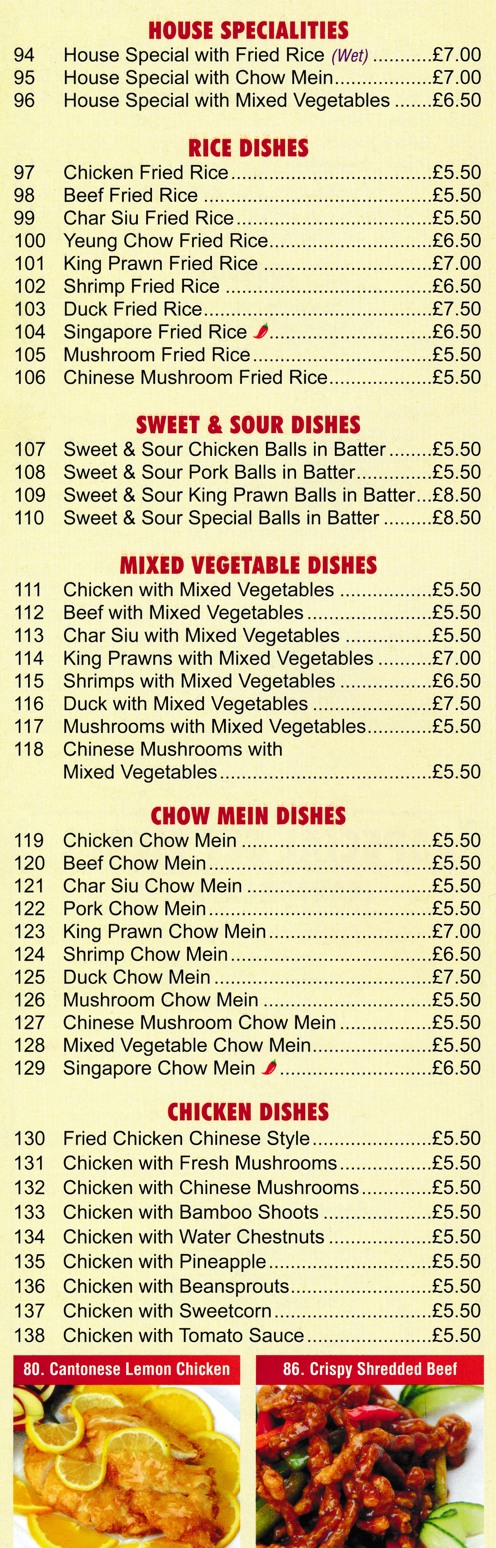 Menu for Rising Sun Chinese takeaway in Nuncargate - dishes include; Singapore Fried Rice, Duck Chow Mein, Fried Chicken Chinese Style, Beef Chow Mein, Sweet & Sour Chicken Balls in Batter..