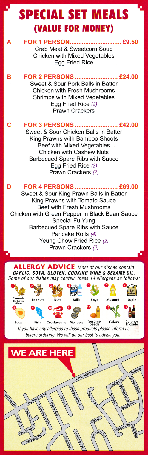 Menu for Rising Sun - Special Set Meals - Chinese hot meals to takeaway.