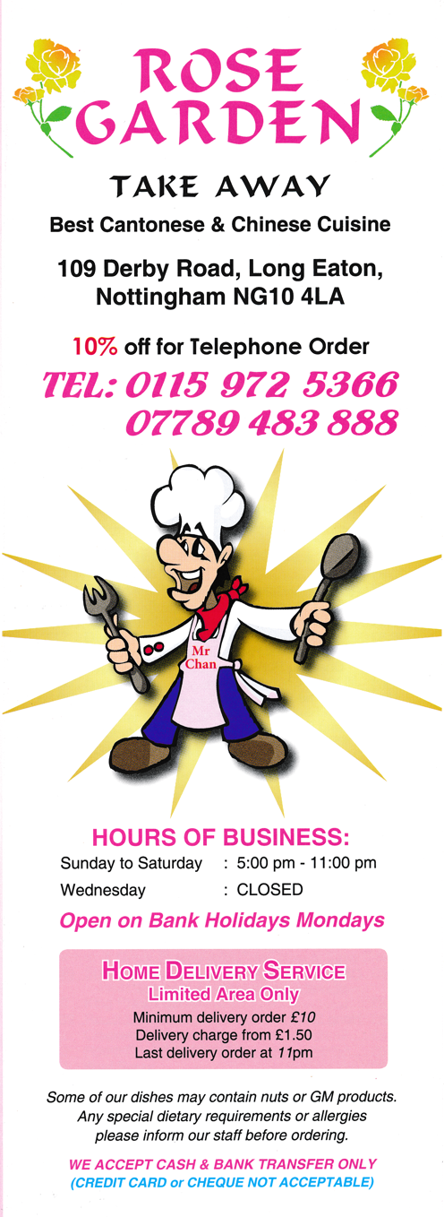 Menu for Rose Garden Chinese and Cantonese food takeaway on Derby Road in Long Eaton near Nottingham