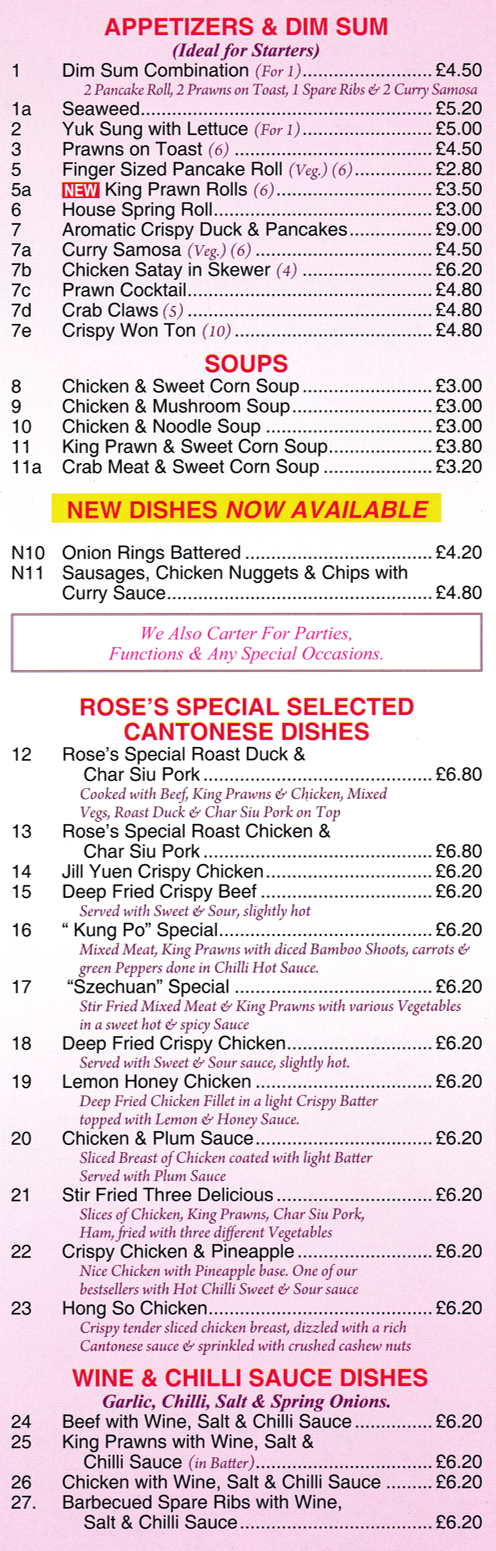 Menu for Rose Garden in Long Eaton - dishes include; Aromatic Crispy Duck and Pancakes, Prawns on Toast, Dim Sum Combination, Kung Po Special, Lemon Honey Chicken, Deep Fried Crispy Beef..