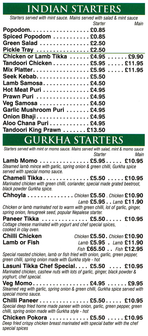 Takeaway menu for Royal Gurkha - Indian starters, Gurkha Starters..