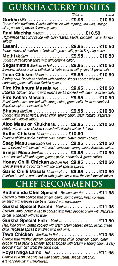 Takeaway menu for Royal Gurkha - Butter Chicken, Aloo Masu, Lasani, Methi, Royal Special Jal, Tawa Chicken..