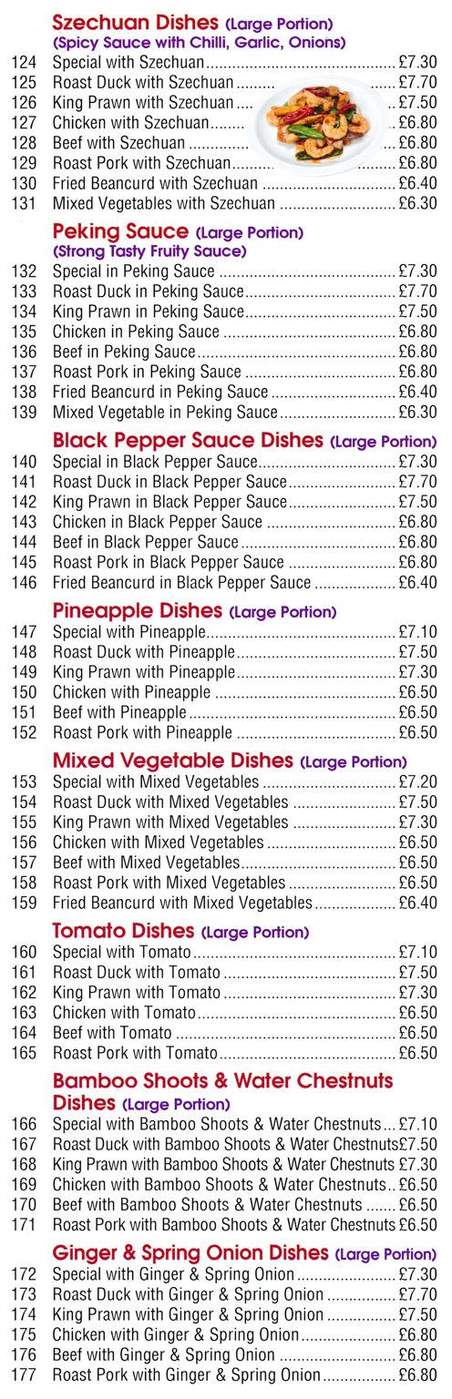 Menu for Ruby House - Chicken in Peking Sauce, Beef with Szechuan, Roast Duck with Ginger & Spring Onions..