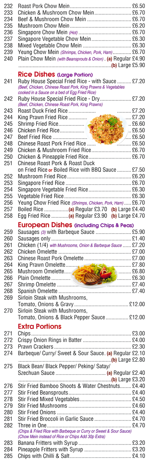 Menu for Ruby House - Egg Fried Rice, Prawn Crackers, Chinese Roast Duck on Fried Rice, Singapore Chow Mein..