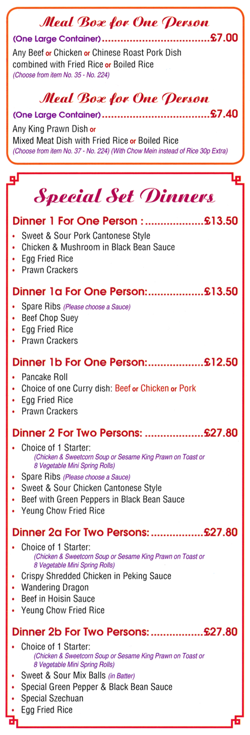 Menu for Ruby House Chinese food takeaway in Hucknall near Nottingham - Special Set Dinners, Meal Boxes
