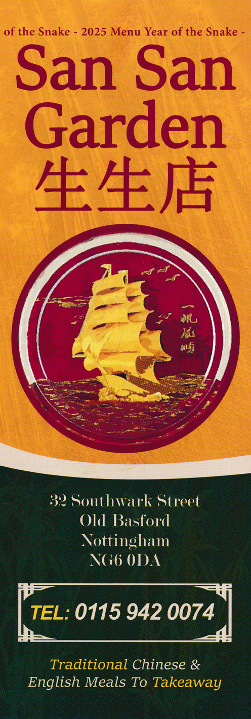 Menu for San San Garden Chinese food takeaway and delivery in Old Basford, Nottingham