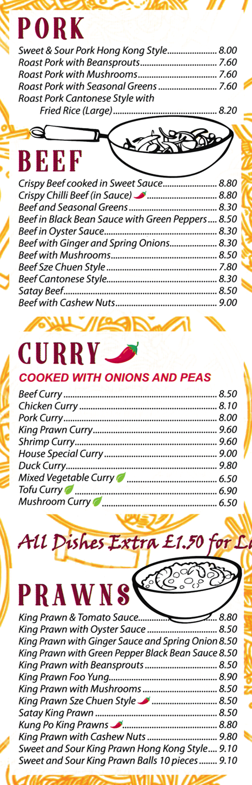 Menu for San San Garden - Beef in Oyster Sauce, King Prawns with Ginger & Spring Onions, Sweet & Sour Pork Hong Kong Style, Kung Po King Prawns, Tofu Curry, Satay Beef, Roast Pork Cantonese Style..
