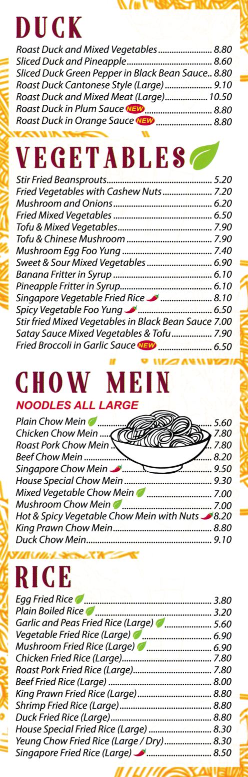 Menu for San San Garden - Egg Fried Rice, Duck Chow Mein, Roast Duck Cantonese Style, Beef Chow Mein, Yeung Chow Fried Rice..